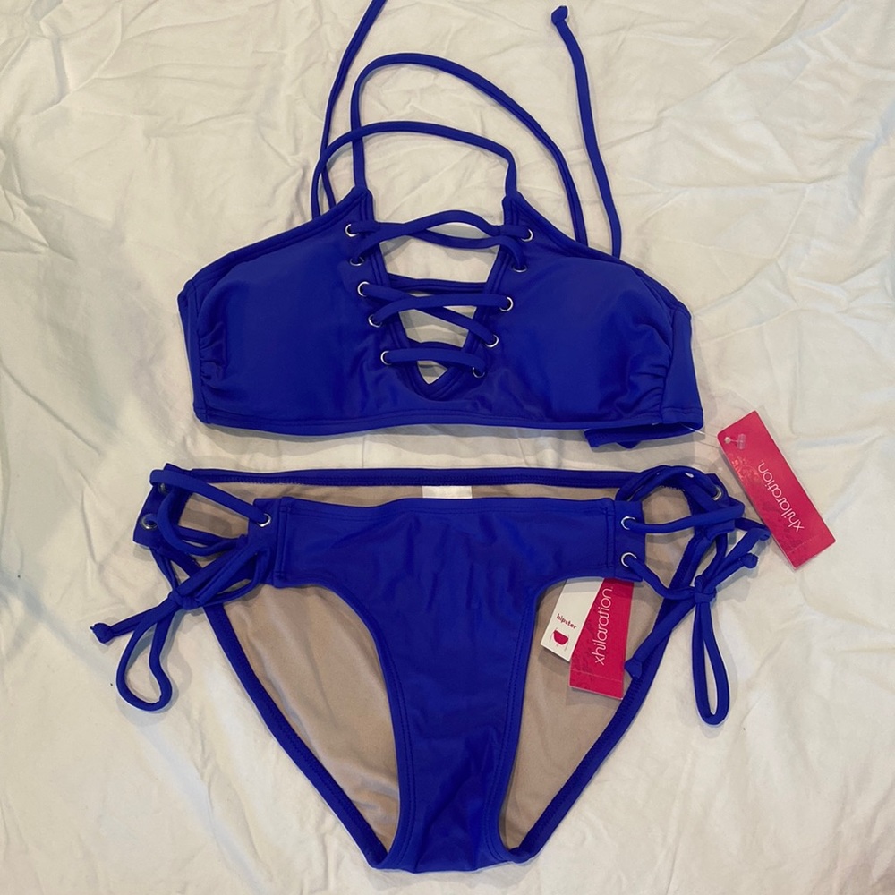 Blue Lace-Up Bikini Top